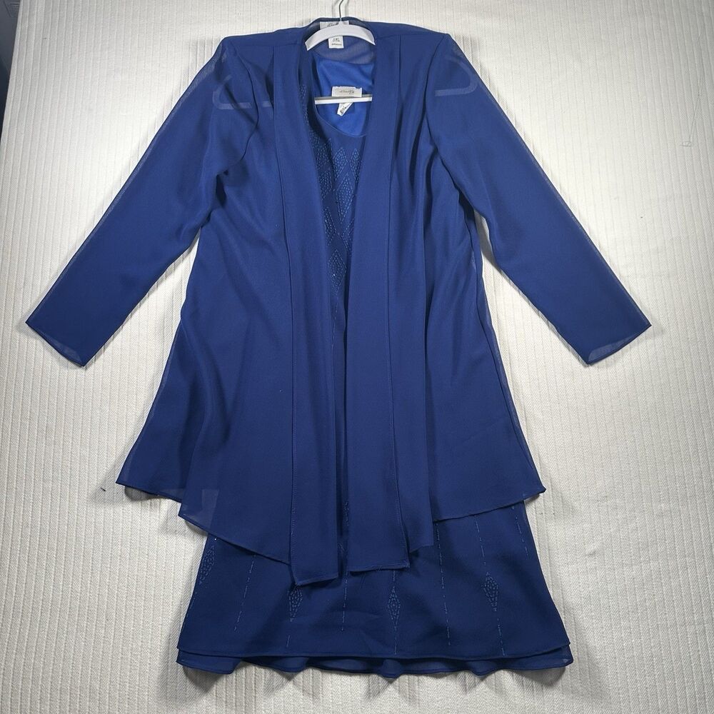 Vtg 90s Sally USA Blue Chiffon Dress 2pc Set Medium M Beaded Mother of Bride